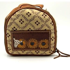O'Hlay Western Cowhide Tooled Leather Sunflower Steer Skull Travel Case Brown
